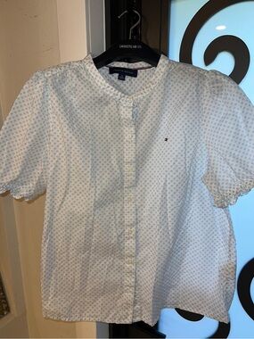 Tommy Hilfiger White and Light Blue Floral Button-Up Puff Sleeve Top